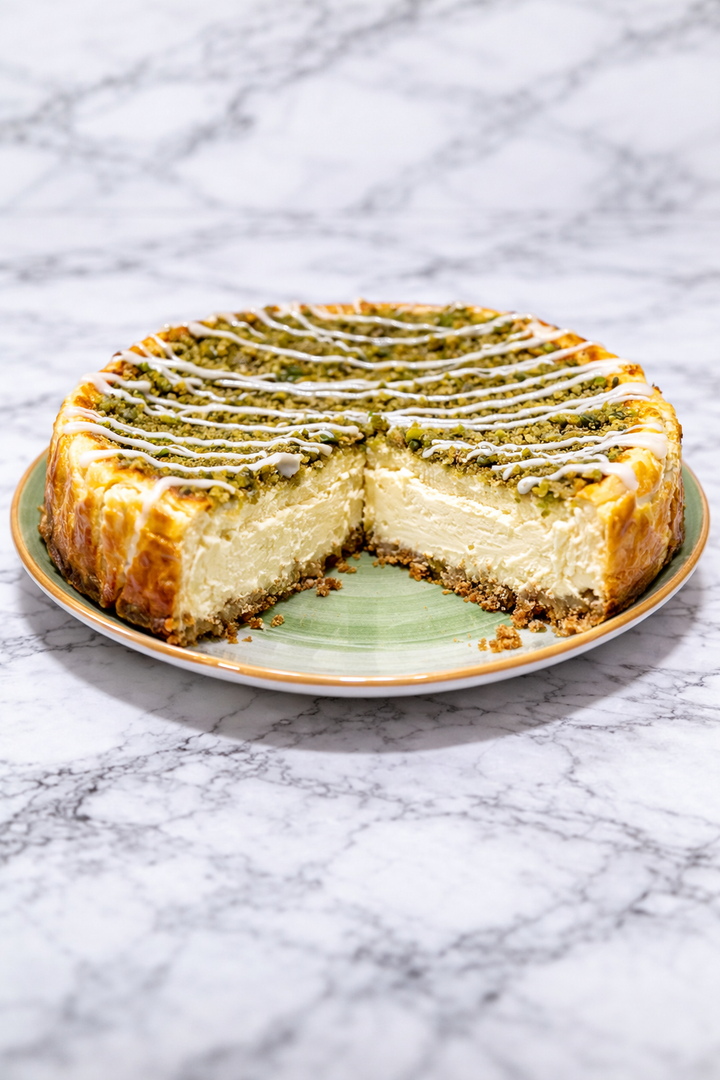 Tarta queso, chocolate blanco y pistacho