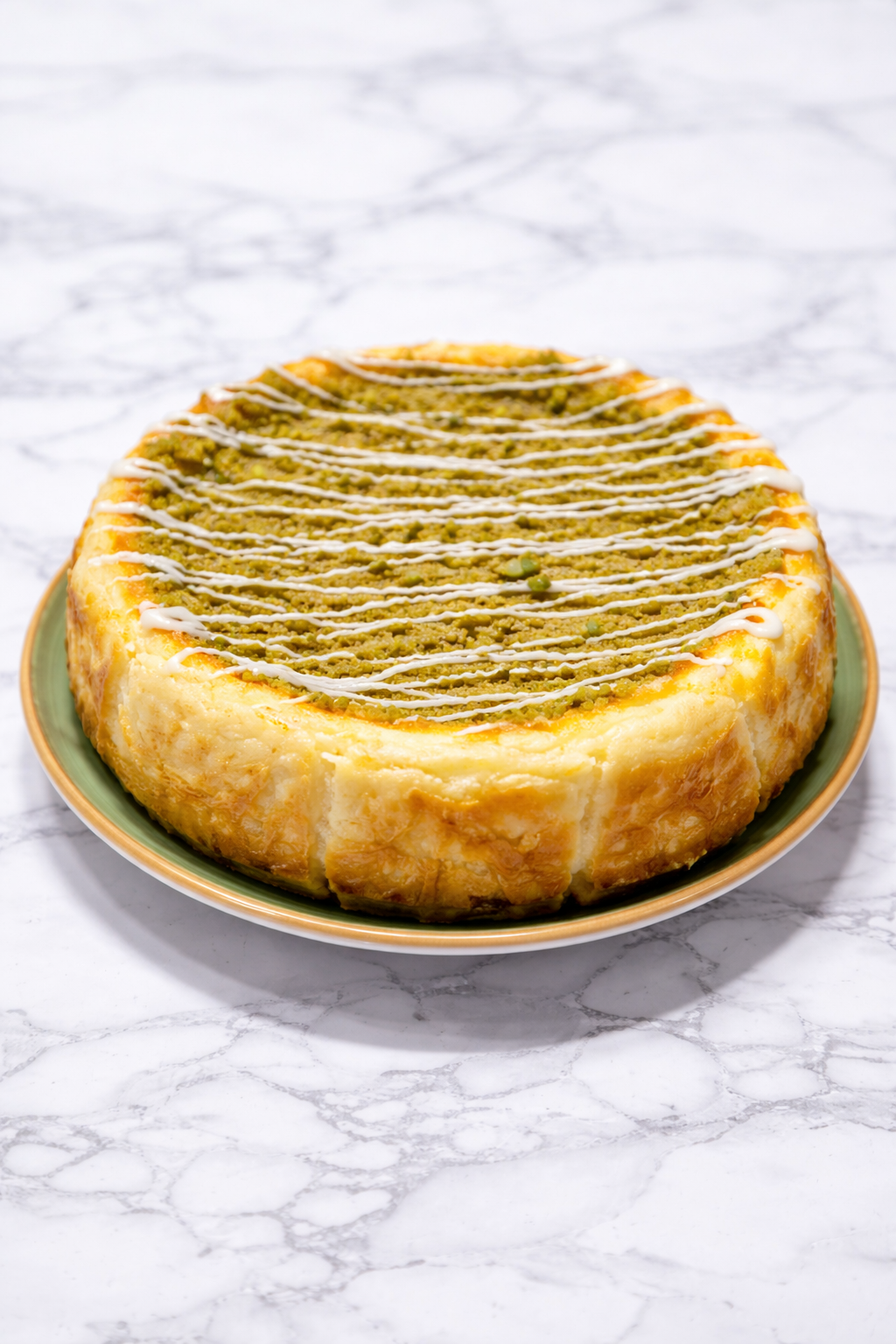 Tarta queso, chocolate blanco y pistacho